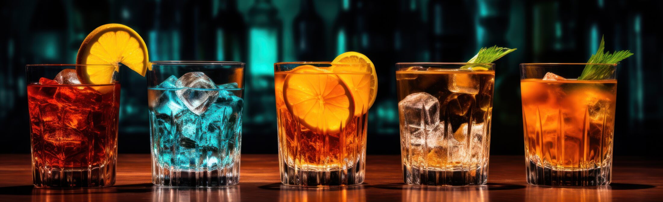 Alcohol cocktails in a row