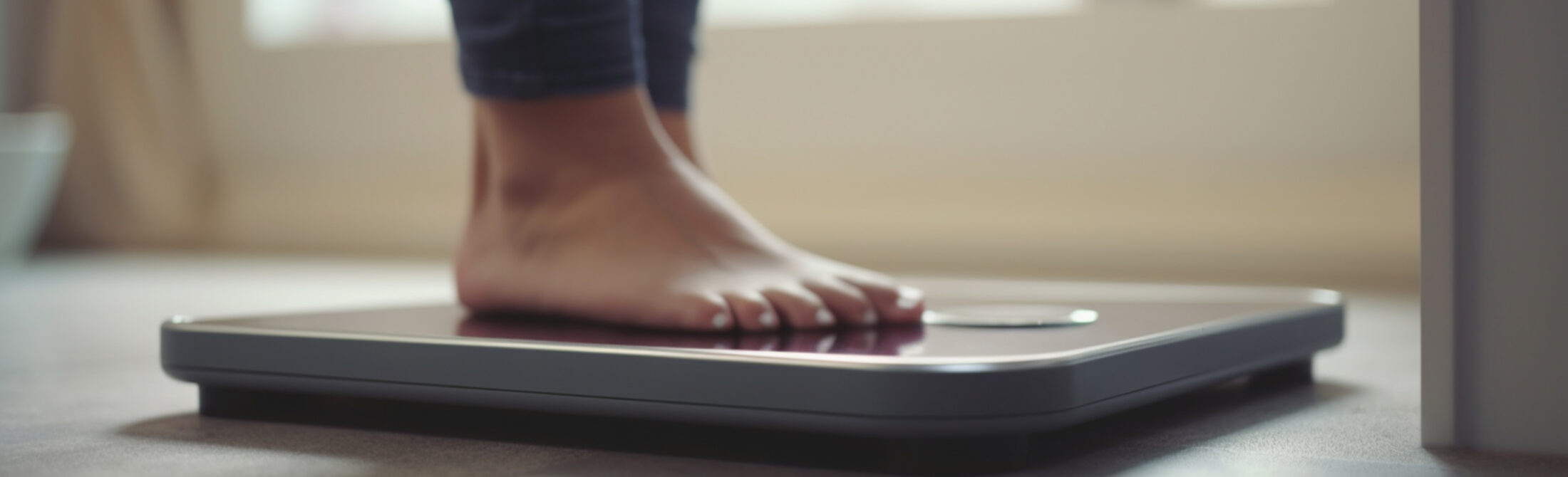Close-up of Feet on Scale: Tracking Weight Loss Progress Track Your Progress: Close-up Shot of Feet on Scale During Weight Loss Journey