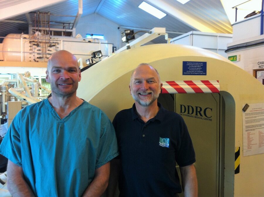 Broadcaster Monty Halls outside the Multiplace Hyperbaric Chamber