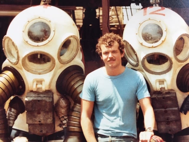 Pete Atkey in his 20s pictured with Atmostpheric Diving Suits